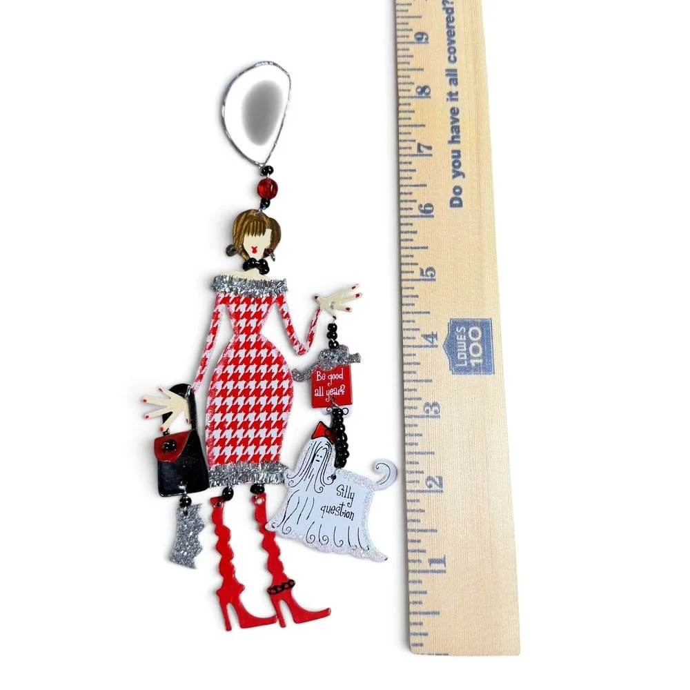 Fashionista Lady Houndstooth Dress Christmas Ornament Red White Dog 8.5 Inch